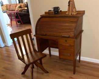 vintage child's oak rolltop desk & chair