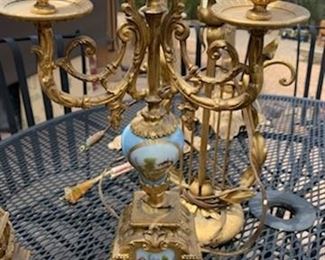 Pair of antique gilt and painted porcelain candle sconces, need repair