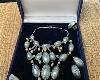 Large vintage blue mabe pearl demi-parure set, Hong Kong maker
