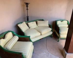 Antique English Chinoiserie painted double wall cane settee and armchairs with down cushions
