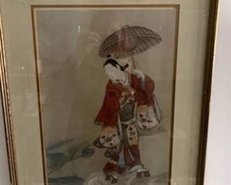 Antique woodblock print, 'Woman in Rain' Torii Kiyonobu