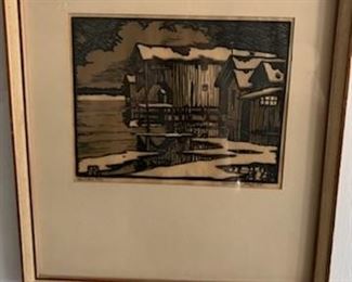 Woodblock print 'The Long Pier, Norman Kent