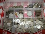 PILES OF COINS.
MERCURY DIMES, 1964 OR LESS DIMES,SILVER DOLLARS, 1964 OR LESS HALF DOLLARS.