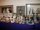 MORE GLASSWARE, SEVERAL PICTURES, AMERICAN ART POTTERY INCL. ROOKWOOD, VAN BRIGGLE, ROSEVILLE PLUS COLLECTION WEDGWOOD, AND A BEAUTIFUL STAINED GLASS WINDOW