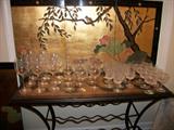 NICE TILE TOP TABLE, STEMWARE, SMALL 4 PANEL ORIENTAL SCREEN.