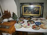 SEVERAL COLLECTOR PLATES. LARGE SELECTION OF PRINTS AND PICTURES INCLUDING 
ORIENTAL NEEDLEWORK DRAGONS;  WOODEN ORIENTAL TEMPLE BUILDING;