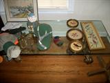 GLASS TOP TABLE, MISC ITEMS.