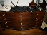 MAGH. DRESSER AND MIRROR. SEVERAL HARLEY GLOVES.  NICE PAIR OF LAMPS.