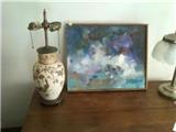 Great Satsuma lamp and original abstract oil by Mary Brooks