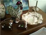 Large Silverplated basket, stained glass rooster lamp and cute pair of bulldog bookends