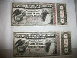 1892 REPUBLICAN NATIONAL CONVENTION GUEST TICKET  JUNE 7th 1892.
2 TICKETS IN EXCELLENT CONDITION . TICKETS STILL HAVE STUBS. HARD TO FIND IN THIS SHAPE.