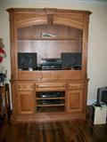 VERY LARGE HANDMADE OAK ENTERTAINMENT CENTER, MORE STEREO EQUIPMENT.