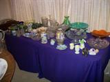 More glass and china including Nippon Vase, Erickson Console set, Flow Blue platter, Fenton Rabbit, Green (vaseline glass) depression pieces, Cut Glass pitcher and 8 glasses,and much more