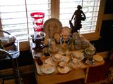 Some great china cups and saucers, Wedgwood pieces, some Lenox, beautiful crystal vase,