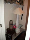 Interesting plaster table and lamp, small chest table, nice pottery piece