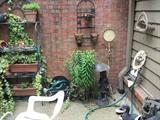 Patio showing some of the wall planters and baker's rack