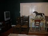 6 Ladder back chairs, white painted French desk, and large metal (?) horse