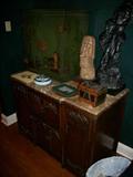 Fantastic marble top cabinet with painted small secretary (oriental design) sitting on top plus two great sculptures...one a tiki figure and the large one is an Austin