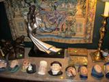Collection Bosson chalk heads, great Austin sculpture, pair of nice lamps, Tapestry on wall