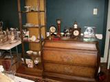Small collection of clocks on Bombay chest, tall curio with Wedgwood, Lenox, and misc china
