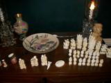 Ivory pieces including chess set, small doctor's lady, turtle, oriental figures plus pair of crystal lamps with prisms and hurricane shades