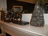 One of two great soapstone pieces plus pair of bull sculptures