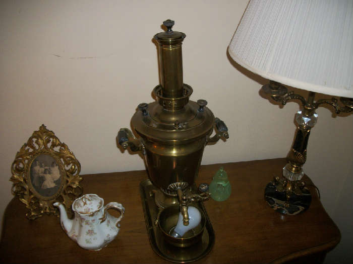 Limoge teapot, fantastic brass samovar and nice lamp