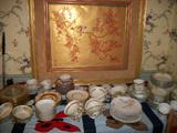 Fantastic oriental painting and table full of misc fine china