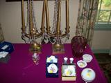 Small collection of Herend pieces, Shannon crystal perfume bottle, and great pair of candlelabras