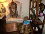 Beautiful wooden bird cage, copper vat, and pair of large wall brackets