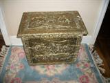NICE CARVED METAL CHEST plus nice small oriental rug