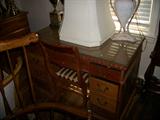 GREAT GLASS TOP WOOD DESK WITH CHAIR. SMALL AND LIGHT ENOUGH TO PUT MOST ANYWHERE.