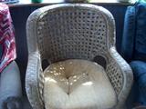 CANE AND WICKER PATIO CHAIR.