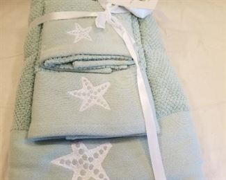 aqua and white star fish towel set