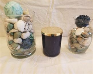 coastal decor in glass vases & blue candle