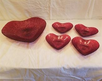 red glass heart bowl with 4 matching dishes