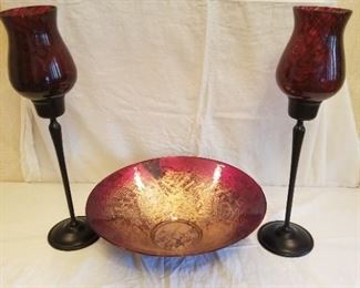 2 tall red goblets, red and gold glass bowl