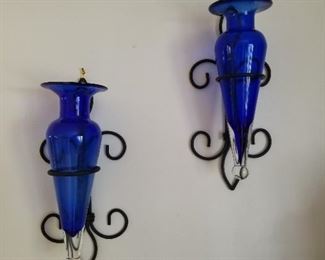 Set of 2 blue glass scones with decorative wire hangers