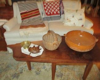 wooden coffee table, loveseat 
