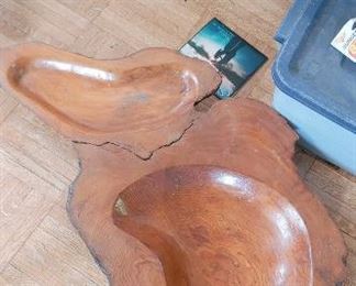 Carved wood dual bowls
