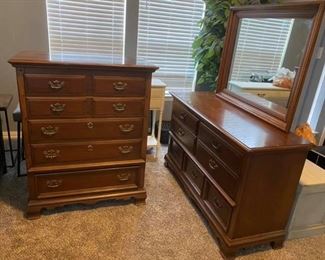 Vintage Kent Coffey Carriage Trade Dresser Set
Good condition.
All drawers slide well
Heavy! 
Tall Dresser / Chest of Drawers measures: 38” across x 20” deep x 4’ tall
Long Dresser measures: 56” across x 20” deep x 34” tall
Mirror measures: 41” x 33” 
Must be able to move and load yourself.