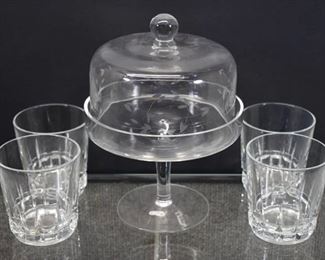 Lot of 5 Glass Items | 4 Small Tumblers & a Covered Cake/Dessert Plate | Glasses - 3.5" Tall, Dish 9" Tall