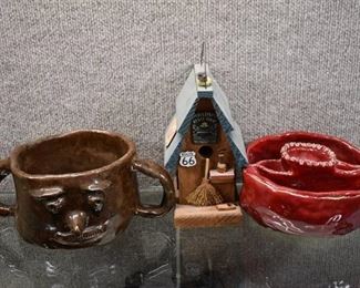 Lot of 3 Home Decor Pieces | 2 Handmade Pottery Pieces & Wooden Birdhouse