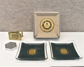 Lot of 5 "Dad" Clip, J & L Paperweight, Cadillac Ownership Medallion in Box, 2 Glass Jaguar Dishes |