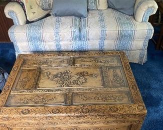 Vintage Drexel Heritage Furniture. Silk Brocade Love Seat. Chinese Hand Carved Floral, Glass Top, Cocktail Table, Chest