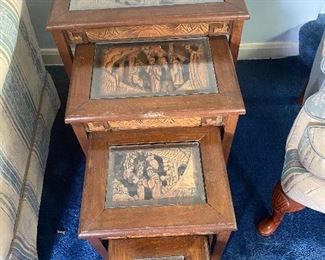 Vintage Drexel Furniture, Mahogany Chinese Hand carved, Scenes, Glass Insert, Nesting Tables