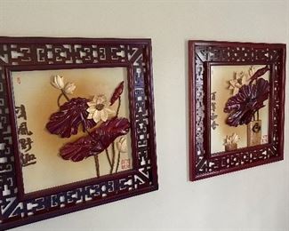 Vintage Hand Carved (PAIR) Rosewood Signed by Artist Wall Art.