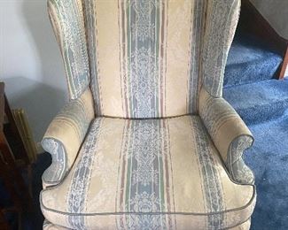Drexel Furniture Silk Brocade Wing Arm Chair, Mahogany Frame