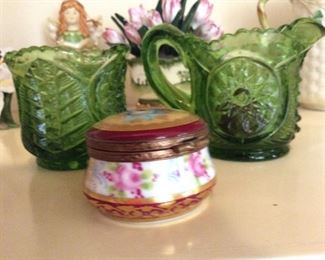green carnival glass cream and sugar