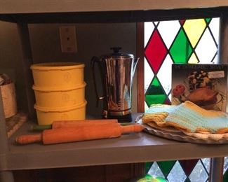 rolling pins, percolator,tupperware